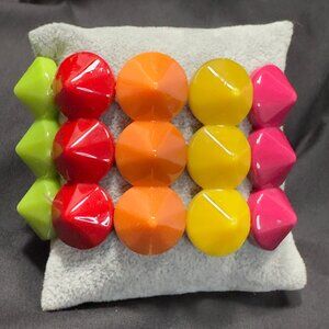 Multi Colored Neon Spiked Beaded Stretch Bracelet Retro 2" Wide